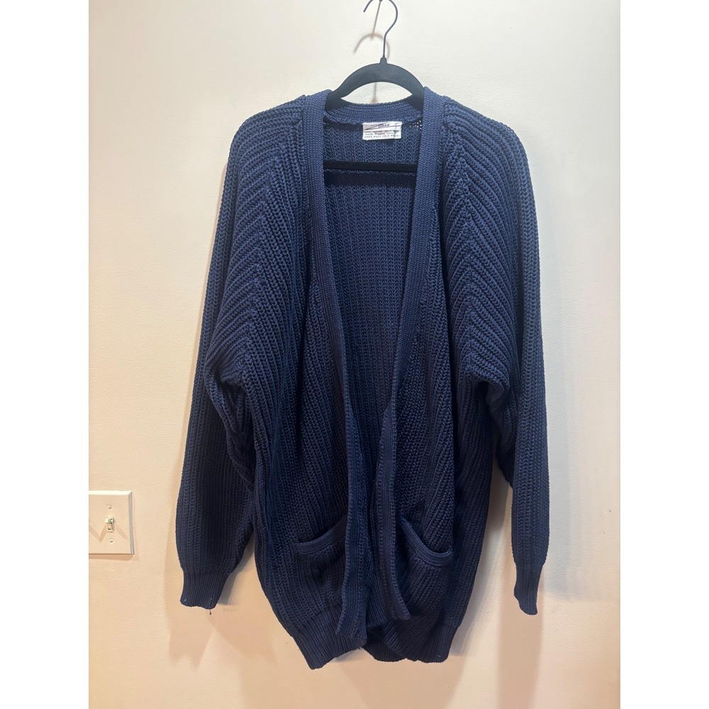 Vtg Zoran Vintage Navy Blue Chunky 100% Cotton Ribbed Knit Cardigan Sweater OS
